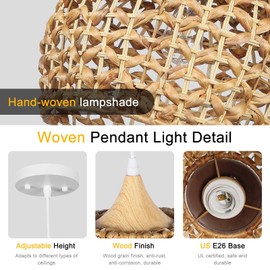 Karjearl Boho Pendant Lights, 15.7" 1-Light Rattan Chandelier Hand-Woven Wicker Pendant Light with Water Hyacinth Shade, Coastal Dome Hanging Light for Dining Room Kitchen Island