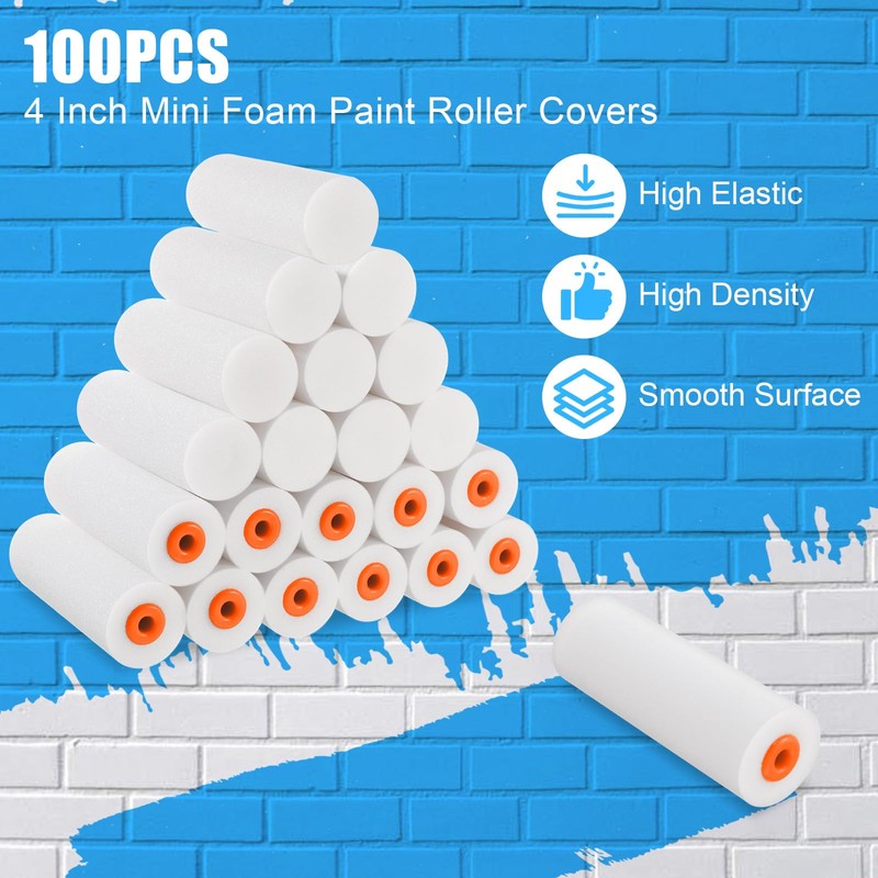 100 Pcs 4 Inch Foam Paint Roller Mini High Density