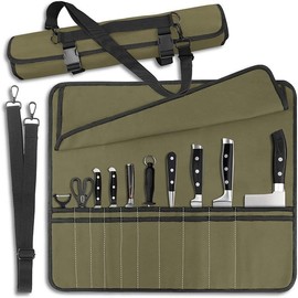 Chef Knife Bag With 24 Slots Cutlery Knives Holders Protectors, Kitchen Travel Cooking Tools, Portable Canvas Knife Roll Storage Bag Chef Case for Camping or Working with an Adjustable Shoulder Strap - Color: Army Green