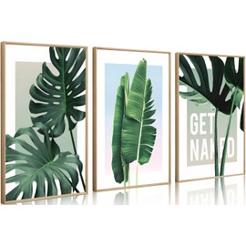 3 Pcs Green Plant Wall Art Tropical Botanical Bathroom Canvas Wall Decor Boho Sage Green Leaf Paintings Prints Posters Living Room Bedroom Bathroom Home Decoration(12 * 16In x3 Unframed)