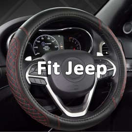 West Llama Customized Auto Car Steering Wheel Cover for Jeep Grand Cherokee,Wrangler,Compass,Gladiator,Cherokee 14.5-15 inches(Diamond Quilted-Black+Red-Standard Size)