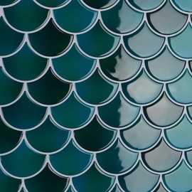 CRE8TIVE 16 Sheets Dark Green Fish Scale Peel and Stick Tile Backsplash 12"x12" 3D Mermaid Scales Stick on Backsplash for Kitchen Waterproof Glossy Wall Tile for Bathroom Back Splashes Stove Fireplace