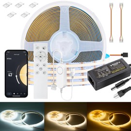 CCT COB LED Strip Light Tunable White, 16.4ft Dimmable 2700K-6500K 24V LED Tape Light Kit With Remote Control, Work with Alexa/Google Assistant/Tuya,for Under Cabinet Bedroom Kitchen (16.4Ft/5M)