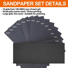 VRKET Wet & Dry Sandpaper Set, 42 Sheets of 120 to 3000 grit Sandpaper with Sanding Block Sander,for Wood Furniture Finishing Metal Automotive Sanding Polishing