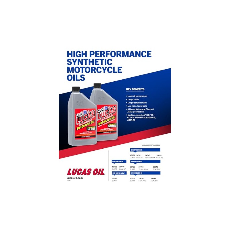 Lucas Oil 10716 High Performance Synthetic Motorcycle Oil SAE 10W-50-1