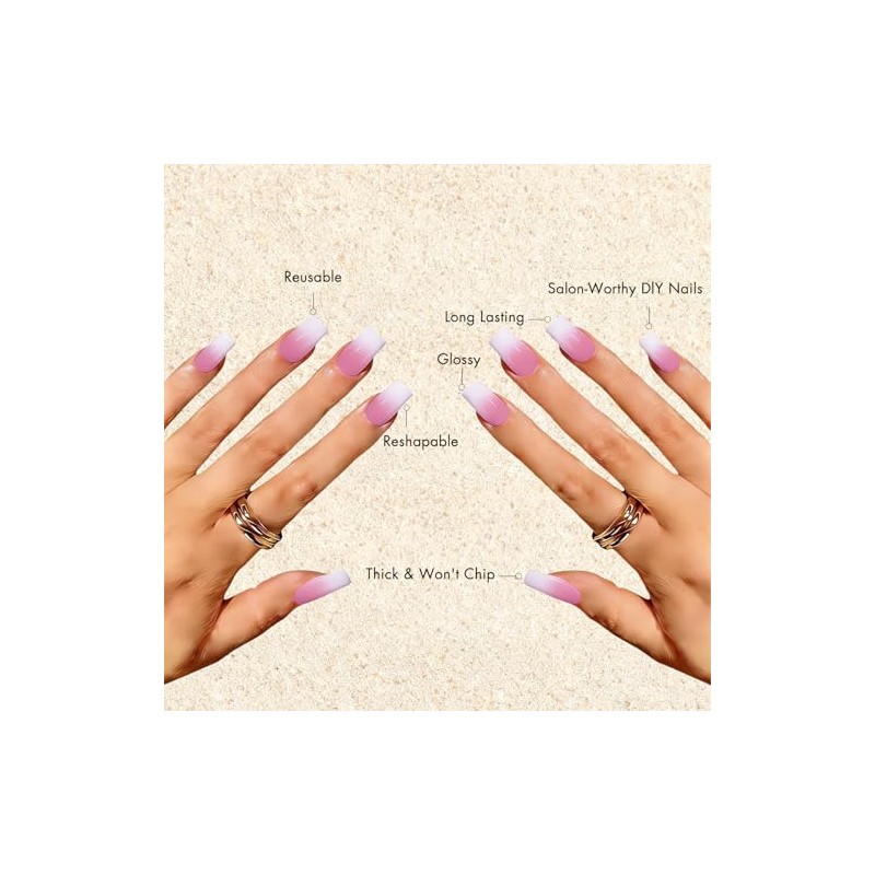 Uñas francesas cuadradas largas, uñas postizas ombré de ataúd mediano,