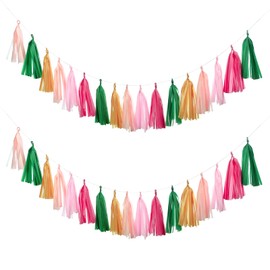 Guzon 25PCS Green Pink Party Decorations Tissue Party Banner Garland,Tropical Banner Party Decorations for Beach Bachelorette Party Hawaiian Luau Summer Party Decorations
