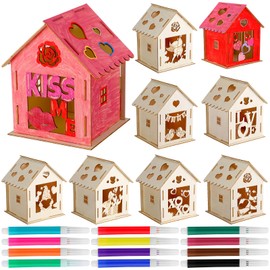 Wenqik 9 Pcs Valentine 's Day Craft DIY Wood House for Kids Valentine Wooden House with Colors Markers (12 Colors) Valentine's Day DIY Graffiti Crafts for Kids Adults Beginners Gift Art Paint Party