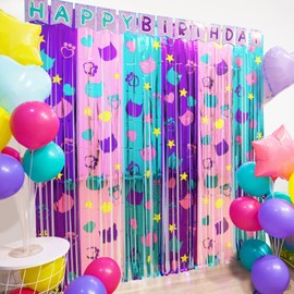 Cute Dollhouse Birthday Decorations, 2 Pack Dollhouse Party Photo Booth Prop, Purple Pink Teal Kitty Head Printing Fringe Curtains Tinsel Photo Streamers Backdrop for Cat Doll House Party Supplies
