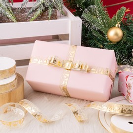 Holijolly Christmas Gold Sheer Ribbon - Christmas Tree and House Snow Yarn Ribbon for Gift Wrap, Decorating - 3/4 inch x 10 Yard