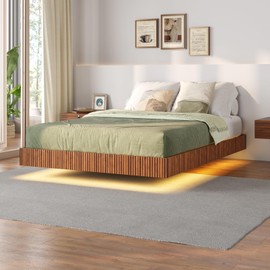 Tatub Walnut Full Floating Bed Frame with LED Lights, Fluted Mid Century Modern Floating Platform Bed with Heavy Duty Metal Slats, No Box Spring Needed