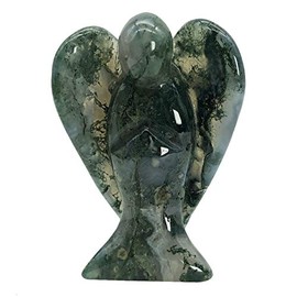 Ladeukoi Natural Stone Guardian Angel Statue, Hand Carved Healing Crystal Bag Figurines Decoration 2 Inches, Moss Agate