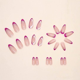 RikView French Tips Nails Pink Press on Nails Medium Fake Nails White Almond Acrylic Nails Glossy Nails for Women 24 PCs