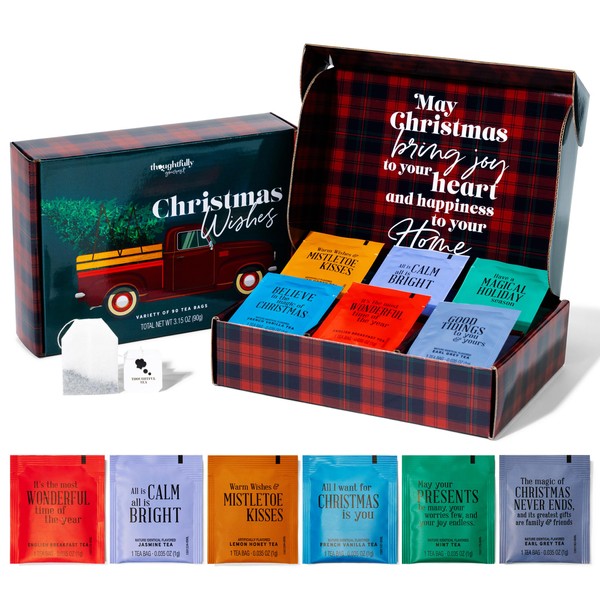 Thoughtfully Gourmet, Christmas Wishes Tea Gift Set, Tea Sampler Includes 6 Flavours of Tea with Holiday Quotes, Great Holiday Gifts for All, Set of 90