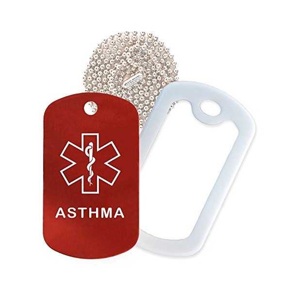 Asthma Medical Alert ID Necklace with Red Tag, White Silencer, and 30'' USA Chain - 154 Color Choices