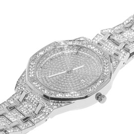 HALUKAKAH Octagon Dial Diamonds Gold Watch Iced Out, Men's Platinum White Gold Plated Quartz Wristband 22cm, with Cuban Link Bracelet 20cm, Free Giftbox