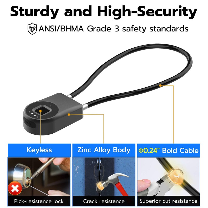 Anweller Fingerprint Cable Lock, 14" Long Shackle Small Padlock, Keyless