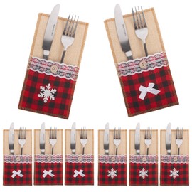 Minicoco 8 Pcs Christmas Cutlery Bag Burlap Lace Utensil Holders Cutlery Suit Set Red Grid Xmas Table Decoration Pattern Pockets for Xmas Tableware Decor Set Dinner Table Supplies (Linen lace)