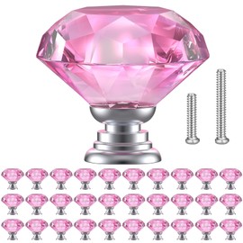 POZEAN Crystal Cabinet Knobs 30 Pack, 1.18 inch (30mm) Pulls for Dresser, Drawer, Cabinet with Two Different Sizes Screws, Diamond Shape Glass Handles for Home (30mm, 30 Pack, Pink-Silver)