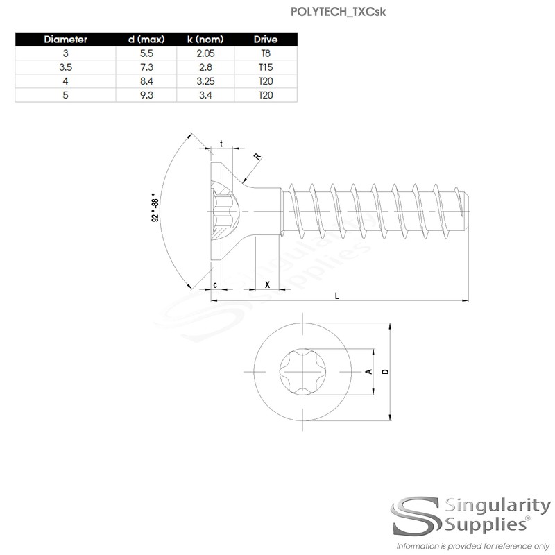 D3.5 (3.5mm x 10mm) TX Countersunk Screws for Plastic -