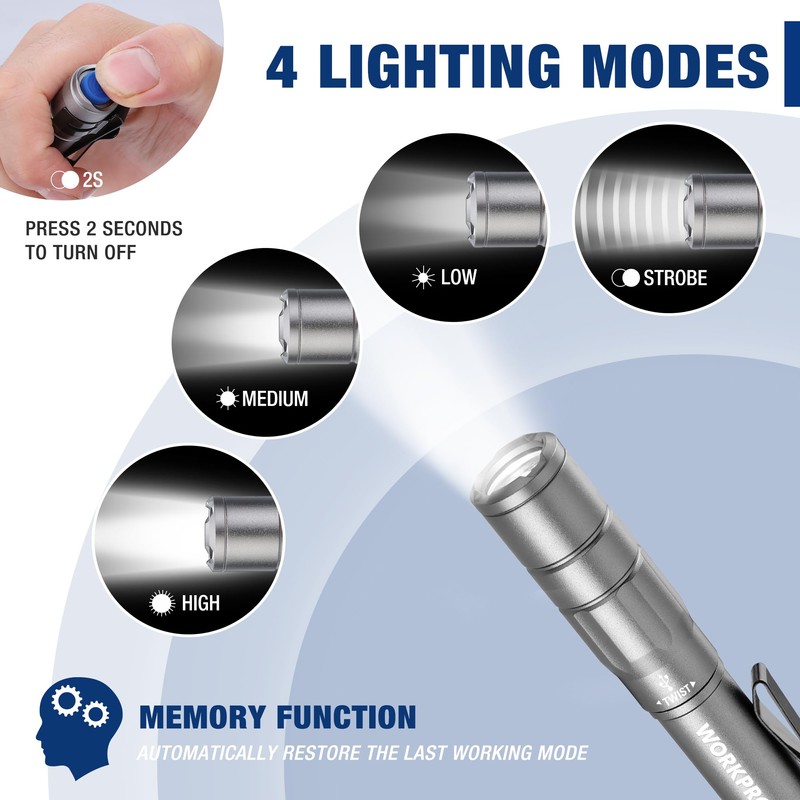 WORKPRO Rechargeable Pen Light, Mini Flashlight, 2 Pack Ultra-Compact EDC