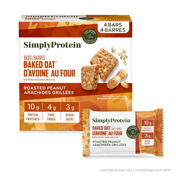 Simply Protein Baked Oat Bars, Roasted Peanut Breakfast Bars, Gluten Free Vegan Snacks, 4 Count