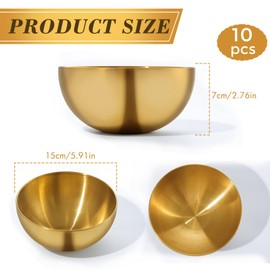 ACXQECJP 10 Pcs Gold Mixing Bowls Bulk 5.9 Inch Double Wall Stainless Steel Bowls Metal Rice Bowls Soup Bowl Gold Salad Bowl Serving Bowls for Fruit Cereal Snack Appetizer Cooking Baking