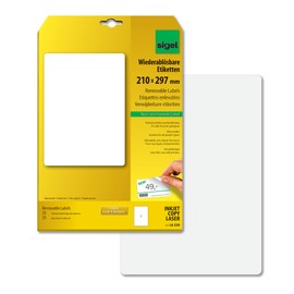 SIGEL LA230 Etiketten selbstklebend, bedruckbar, wieder rückstandsfrei ablösbar, weiß, 210 x 297 mm (A4), 25 Etiketten = 25 Blatt, abgerundet