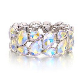 EVER FAITH Wedding Austrian Crystal Elastic Stretch Bangle Bracelet for Bride, Art Deco Elegant Taerdrop Vintage Party Wrist Jewelry for Woman Iridescent AB Silver-Tone