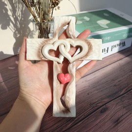 Oooct Carved Cross, Resin Cross Wall Decor, Intertwined Hearts & Never Separates Love, Great Christian Gift, Wall Art Gift, Home Living Room Decor - 6.88 × 5.23 Inch