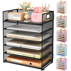 Subekyu 6 Tier Paper Organizer for Desk with Handle, Metal Mesh Desk Office File Folder Paper Letter Tray Accessories Organizer Sorter for Home, School, Office Desktop Document Organization - Gray