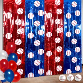 Soulchen 2 Pack Baseball Party Decorations 3.3 x 6.6 ft Baseball Backdrop Red Blue White Sports Foil Fringe Curtain Photo Props Sports Birthday Banner Party Supplies