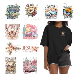 10PCS Jesus Iron On Transfer Patches Cross Blossom Mountain Butterfly Designs for T-Shirts Hats Home Decor Heat Press Vinyl Christian Faith Sticker Decal Crafts