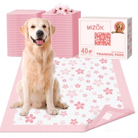 MIZOK Puppy Pads 28x34in Pee Pads for Dogs Pink, Dog Pads Extra Large Absorbent with Adhesive Tabs 6-Layer Leak-Proof Quick-Dry Design Odor Control, Cherry Blossom Prints (40 Counts)