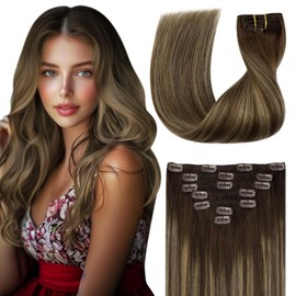Sunny Hair Clip in Hair Extensions Human Hair Remy Human Hair Clip in Extensions Straight Hair Extensions for Women Clip in 110g 24inch Medium Brown Balayage Caramel Blonde