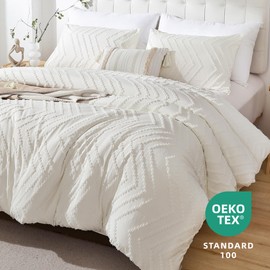 YIRDDEO Ivory White Full Size Comforter Set 3Pcs, Boho Full Comforter Set Farmhouse Full Size Bedding Set, Vertical Tufted Full Bed Set, Lightweight Neutral Full Bedroom Set (1 Comforter 2 Pillowcase)