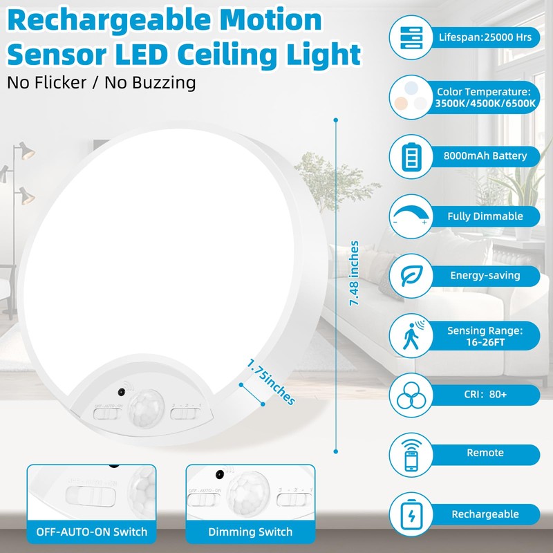 2-Pack Rechargeable Battery Operated Motion Sensor Ceiling Lights with Remotes,