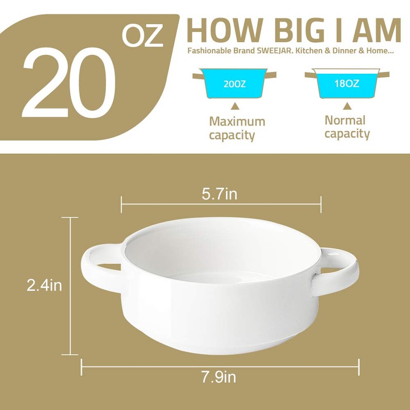 Sweejar Ceramic Soup Bowls with Double Handles, 20 Oz Stacked
