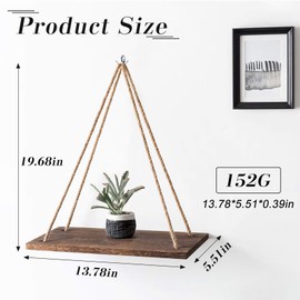 FuninCrea Wall Shelf, Wooden Shelf, 35 x 14 x 1 cm, Hanging Rustic Wooden Shelf for Hanging with Swing Rope, Multi-Purpose Wall Shelf, Display & Storage, Plant Shelf, Wall Shelf, Floating Shelf