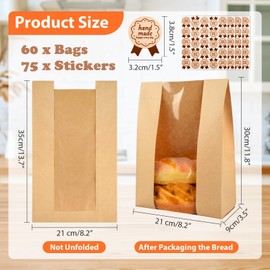 60 Pcs Bread Bags for Homemade, ROOKEA Sourdough Bread Bags with Window for Baked Paper Packaging with Sealing Stickers Bakery Cookie Food Snack Storage Large Kraft Paper 13.7x8.2x3.5 inch
