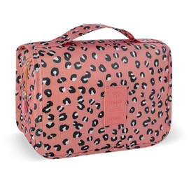 Lcsmaokin Large Capacity Toiletry Bag Travel Bag with Hanging Hook for Men and Women Waterproof Travel Cosmetic Bag Bathroom Storage Bag for Brushes Set,Full-Sized Shampoo,Accessories-Pink Leopard