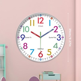 EUBSWA Wall Clock for Children Learning Clock without Ticking 10 Inch Analogue Children's Clock for Learning the Time with Silent Movement - Children's Room Wall Clock for Girls and Boys (A)