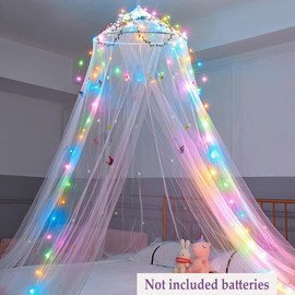 Bed Canopy for Girls Room Bed Canopy Curtains with Led Lights Mosquito Net DIY Princess Room Decor with Stars Butterflies for  Bedroom, White - Color: White