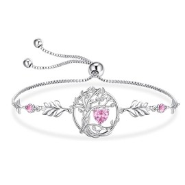 BELLNA S925 Sterling Silver Tree Of Life Birthstone Heart Charm Bracelet Gifts for Women Jewelry Anniversary Valentines Day Birthday Gifts Bracelets (Oct)