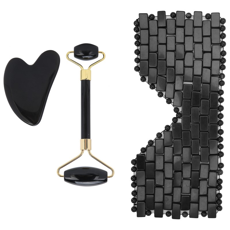 3pcs Obsidian Facial Roller Gua Sha Board Therapy Blindfold Beauty