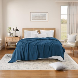 Threadmill Muslin Blanket for King Size Bed | 4 Layer 100% Cotton Gauze Blanket | Soft, Breathable, and Cozy for All Seasons | Lighweight Blanket Fits Cal King Size Bed | Folkstone Blue