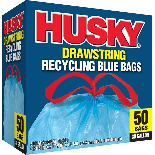 Husky HK30DS050BU 30-Gallon Drawstring Recycling Blue Bags, 50 Count (2X 50 Count)