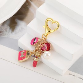 Dhdfisd Heart Keychain Y2K Lipstick Bow Pearl Keychain Purse Charms for Handbags Bag Charm for Women(PINK)