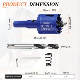 METALLIXITY Bi-Metal Hole Saw Kit 29mm (1-1/8"), M42 High Speed Steel Hole Cutter with Center Drill Bit, Hex Key and Spring - for Metal Sheet, Wood, Plastic Plate and PVC Board. Blue