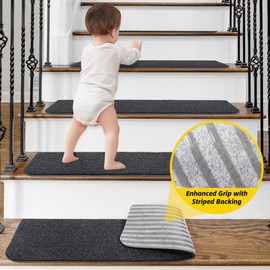 Non-Slip Stair Treads for Wooden Steps Indoor, 15 Pack 9" X 28" Stair Carpet Mats with TPE Backing for Kids Elders and Dogs, 0.3" Thick 100% Polyester Soft Stair Runner Rug, Black